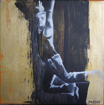 Kleines Acrylbild mit einer springenden männlichen Figur vor Gold und Schwarz